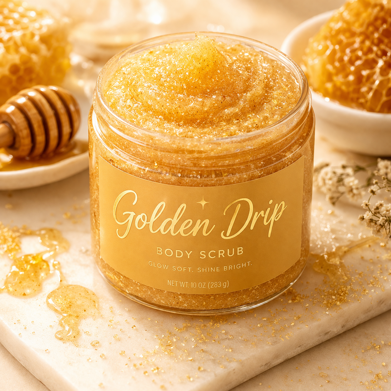 Jar of Golden Drip body scrub with honeycomb and honey on a light background